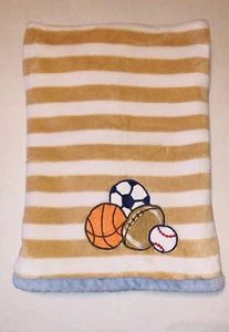 CARTER’S TAN STRIPE BLUE TRIM SPORTS SOCCER BASKETBALL FOOTBALL BABY BLANKET M1 - Picture 1 of 2