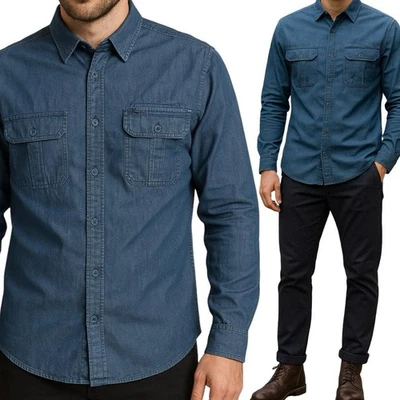 Camicia di jeans uomo manica lunga slim fit elasticizzata denim 100 Cotone M L - Immagine 1 di 4