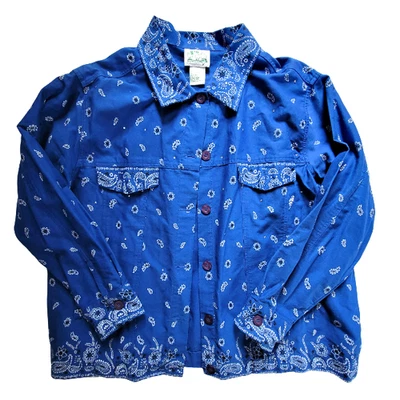 The Quacker Factory Blue Bandana Print Shirt Jacket Women's 2X 100% Cotton-3975 - Image 1 of 4