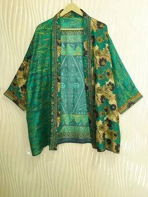 Jaqueta cardigã curta de seda pura quimono espanador capa roupão solto verde KMS3752 - Imagem 1 de 4