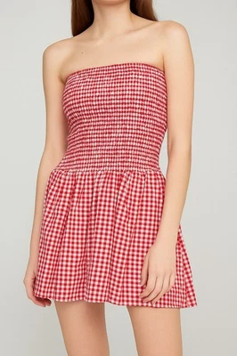 Hollister Women's Small Red & White Plaid Romper Tube Seersucker  With Pockets - Image 1 of 4