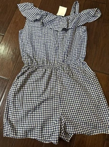 H&M Girl Blue White Off Shoulder Ruffle One Piece Romper Shorts Sz 18 - Picture 1 of 3