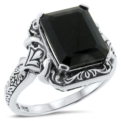 BLACK ONYX CLASSIC ANTIQUE STYLE 925 SOLID STERLING SILVER FILIGREE RING 171X - Image 1 of 4