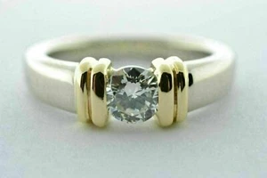 14k Two Tone Gold Over Plated Silver 1Ct Simulated Diamond Bezel Engagement Ring - Picture 1 of 4