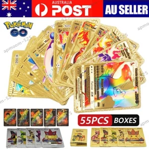 55pcs Box Pokemon Cards Gold Metallic Vmax GX Charizard Collection Metal Gift AU - Picture 1 of 13