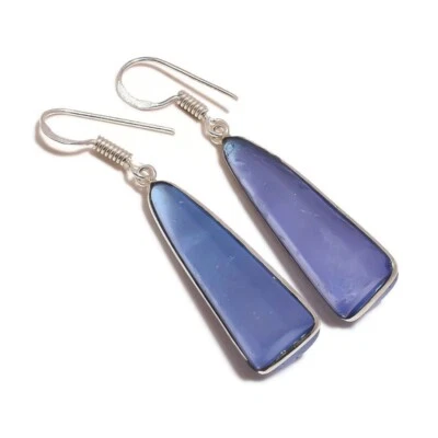 Hydro Iolite Cabochon Round Teardrop Gemstone Unique Handmade Drop Earring N7839 - Image 1 of 3