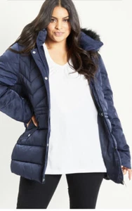 Navy Blue EVANS Faux Fur Hood Padded Coat BNWT Plus Size 20 RRP £92 Winter Warm - Picture 1 of 9