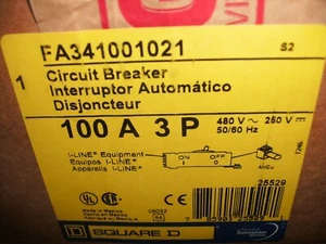SQUARE D FA341001021 100 AMP 3 POLE 480V CIRCUIT BREAKER WITH SHUNT TRIP - Picture 1 of 3