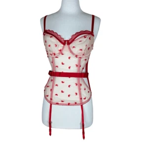 Victoria’s Secret Lingerie Bustier Corset Garter Straps Red Beige Hearts 36C - Picture 1 of 12