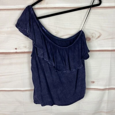 Blusa Lamade Top Feminina M Azul Um Ombro Lavagem Ácida Babado Malha Pulôver - Imagem 1 de 4
