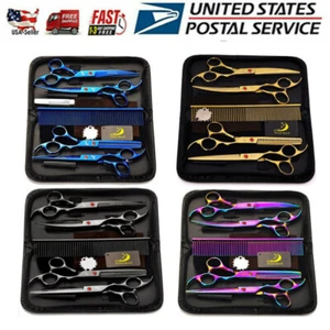 7" Professional Pet Dog Cat Grooming Scissors Hair Dressing Curved Trimmers Kit - Picture 1 of 19