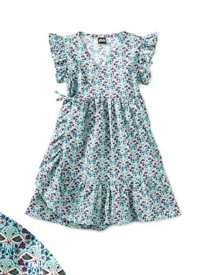 Tea Collection Swans Nile Blue Floral Woven Wrap Dress Girls Ruffled Sleeve 5 - Image 1 of 4