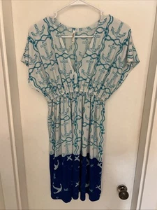Women’s Swimsuit Beach Cover-up Dress OSFM Nautical Blue White India Boutique - Picture 1 of 4