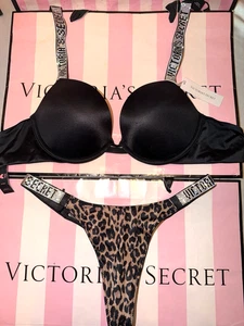 Reggiseno push up Victoria's Secret cinturino lucido 32C piccolo perizoma raso ghepardo - Foto 1 di 3