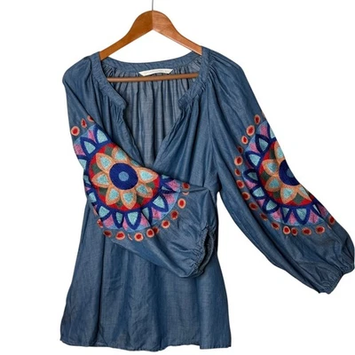 Túnica ZARA Bordada Cambray Manga Globo Talla M BOHO Campesina Étnica Foto 1 de 4