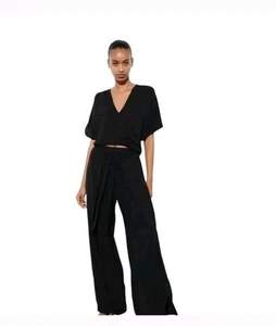NWT Zara Pants Women Large Wide Leg Black High Waisted Trousers Chiffon Flowy - Picture 1 of 12