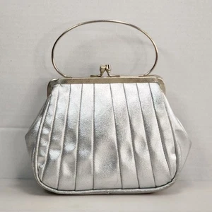 Vintage Party Kiss Lock Bag Small Metallic Silver Evening Cocktail Clutch 60s - Picture 1 of 14