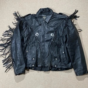 Vintage Leather Fringe Jacket Mens 50 3XL Black Western Tassel Biker USA - Picture 1 of 12