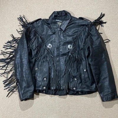 Vintage Leather Fringe Jacket Mens 50 3XL Black Western Tassel Biker USA - Image 1 of 4