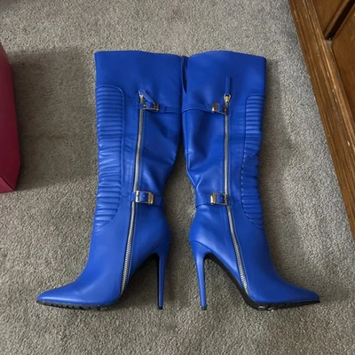 Moto Loco de SHOEDAZZLE, Azul imitación cuero acolchado 4.75" tacón OTK bota talla 12 Foto 1 de 4