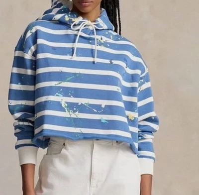 Polo Ralph Lauren Cropped Striped Fleece Paint Splatter Hoodie Women’s Sz L NWT - Image 1 of 4