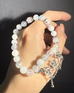 7.7mm Unqiue design Natural Aquamarine Beaded/Plum Blossom Charm Bracelet - Picture 1 of 9