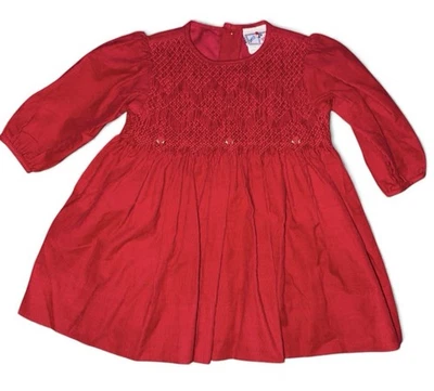 Petit Ami Deep Red Fine Corduroy Holiday Rosette Smocked Dress 3 Months - Image 1 of 4