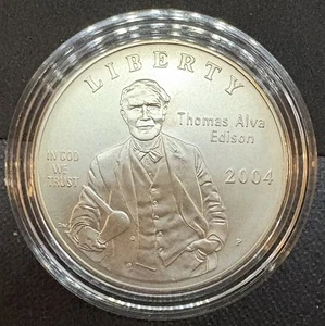 2004-P Uncirculated Edison 90% Silver Commemorative Dollar, OGP: Box, COA! - Bild 1 von 3