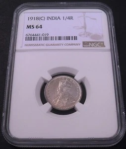 1918 (C) India 1/4 Rupee , NGC MS64 , nice silver coin # 1705, #52-13 - Picture 1 of 4