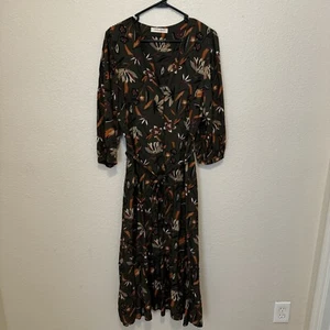 Amelie & Amelie Maxi Dress Long Sleeve V Neck 1/2 Button Up Ruffles Waist Tie - Picture 1 of 6