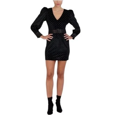 Vestido de coquetel BCBGMAXAZRIA folhado de veludo manga comprida gola V profunda cinto destacável - Imagem 1 de 3