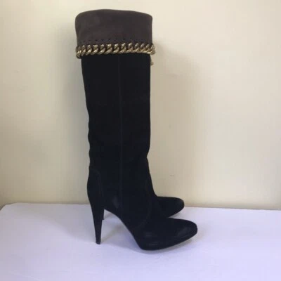 Sergio Rossi Suede Chain Trim Tall Boots Black Brown Leather Size 38 EU or 8 US - Image 1 of 4