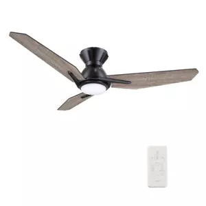48" Black Indoor Outdoor Remote LED Smart Ceiling Fan Wooden Blade Glass Shade - Picture 1 of 9