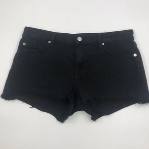 7 For All Mankind Women 28 Black Denim Shorts Frayed Hem Cut Offs Mid Rise - Picture 1 of 17