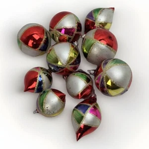 Vintage Glass Ornaments Lot 10 Multicolor W/ Gold Glitter Round And Teardrop - Picture 1 of 10