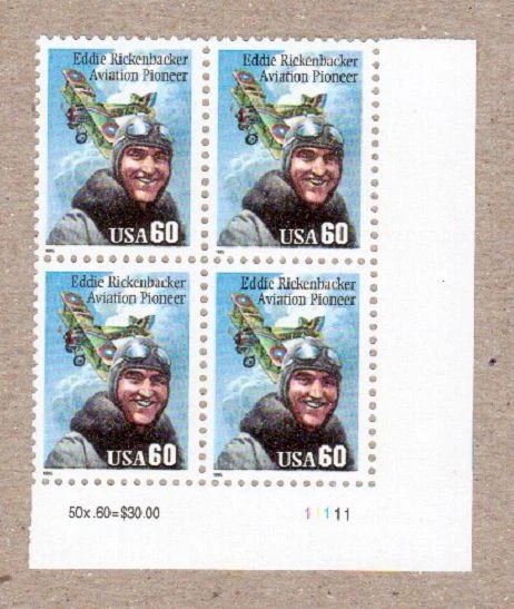 Scott  #2998... 60 Cent.... Eddie Rickenbacker... Plate Block   - Image 1 of 1