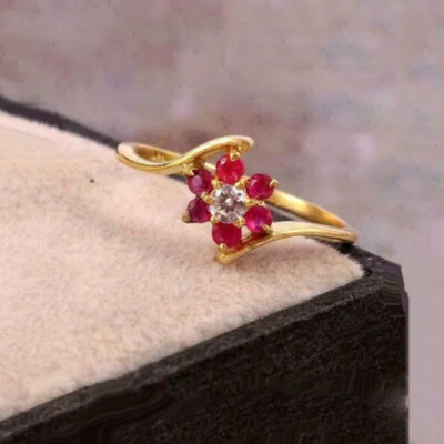 0.55 CT Round Ruby & Diamond Wedding Band Daisy Flower Ring 14K Yellow Gold Over - Image 1 of 4