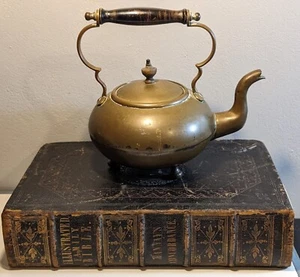 Vintage Copper/Brass Small Tea Footed Pot Kettle Wood Handle Patina Old Decor - Picture 1 of 10