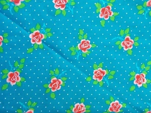 2/3 yd Vintage FLORAL COTTON FABRIC Pink Roses on Teal Blue Polka Dot 44x24 - Picture 1 of 5