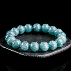 Blue Myanmar Jadeite Lotus Beads Bracelet Natural Burmese Jade Talismans Bangle - Picture 1 of 5