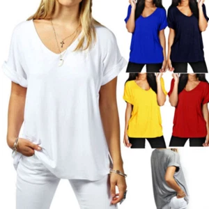 Womens Loose Fit Short Sleeve T-Shirt V-Neck Casual Basic Tunic Top Long Blouse - Picture 1 of 13