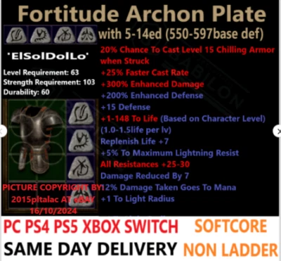 ✅PC PS4 PS5 XBOX SWITCH✅Fortitude Archon +300%DMG Diablo 2 Resurrected Items D2R - Image 1 of 2