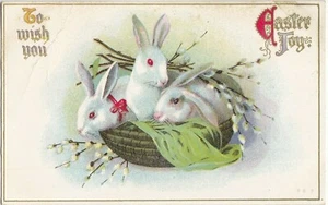 Postcard To Wish You Easter Joy Bunny Rabbit Basket Embossed Posted Moravia 1912 - Picture 1 of 2