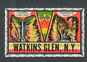 Vintage Impko Postkarte AUFKLEBER selbstklebend Watkins Glen NY Park Rennstrecke - Bild 1 von 1
