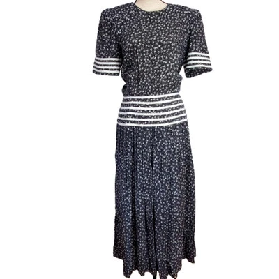 Vestido Vintage Plaza South Años 80 Floral Prairie Cottagecore Negro Blanco Talla 8 Foto 1 de 4