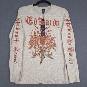 Ed Hardy Stencil Foiled Long Sleeve Shirt Mens XL Beige Skull Dagger Tiger Y2K - Picture 1 of 11