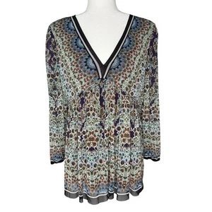 Rose + Olive Blouse L Peasant Floral Layered Sheer Puff Sleeve Babydoll Top Boho - Picture 1 of 9