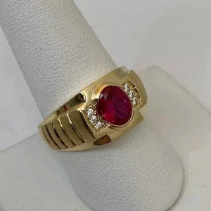 2.00Ct Oval Cut Lab Created Red Ruby Men's Gift Band Ring 14k Yellow Gold Plated - Picture 1 of 4
