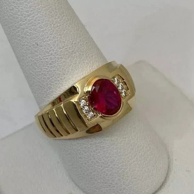 2.00Ct Oval Cut Lab Created Red Ruby Men's Gift Band Ring 14k Yellow Gold Plated - Image 1 of 4