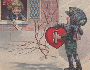 Kinder Junge Herz Akkordeon Valentinstag Postkarte - Bild 1 von 3